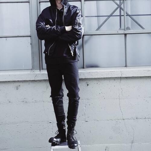 HOT 2020 Fashion Casual Knee zipper Ripped hole jeans hip hop streetwear washing black Slim feet casual pants mens trousers