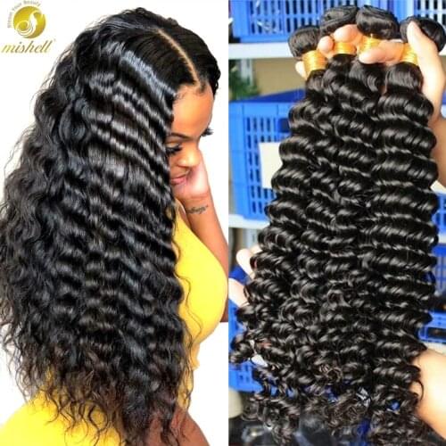 Mishell 28 30 32 Inches Deep Wave Bundles 100% Human Virgin Hair Extension 3 4 Bundles Brazilian Water Kinky Curly Hair Bundles