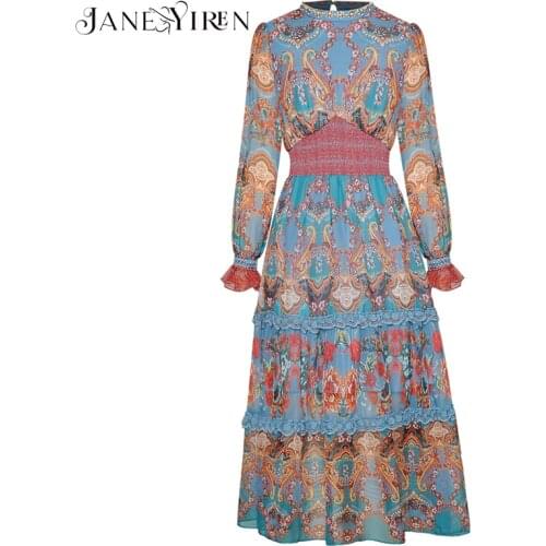 Janeyiren Fashion Designer dress Spring Womens Dress Long sleeve Beaded Elastic waist Vintage Print Dresses