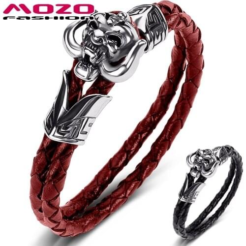 MOZO FASHION Men NEW Black Genuine Leather Bracelet Stainless Steel Punk Daemon Charm Current 2021 Women Jewelry Gifts 518