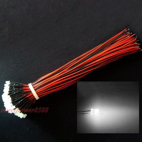 100x 3mm White Diffused 12V Pre Wired Led Light Lamp Bulb 12V DC 20cm Wired LED Free Shipping