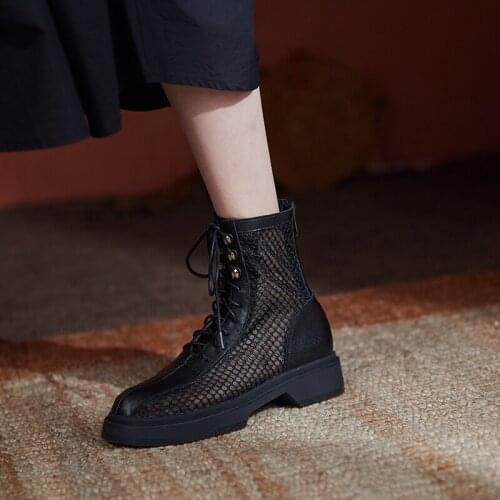 QZYERAI Summer European Genuine Leather Women Boots Ankl Grid Sexy 100% Cattle Leather Boots Non-slip Soles Shoes