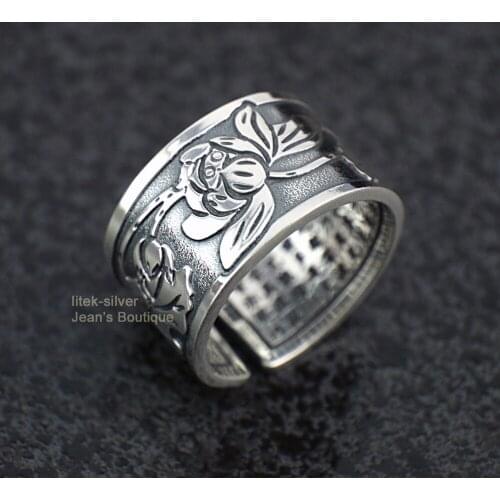 999 Sterling Silver Buddhism Lotus Heart Sutra Band Adjustable Ring Jewelry A3625