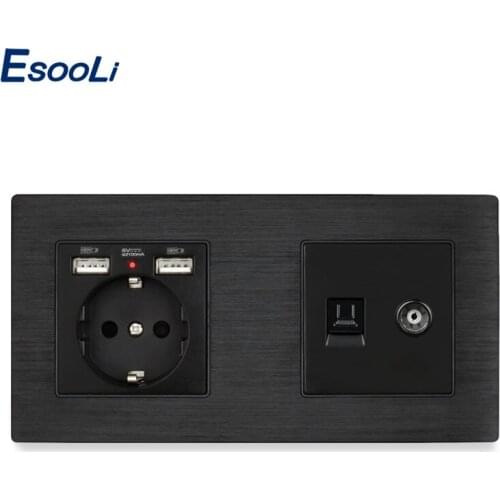 Esooli 1 gang EU Aluminum Metal Panel Socket with USB + RJ45 Internet Jack With TV Outlet Wall Data Computer Socket Knight Black