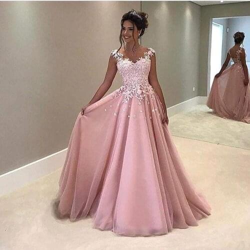 Pink Prom Dresses A-line Cap Sleeves Tulle Appliques Lace Long Women Prom Gown Evening Dresses Evening Gown Robe De Soiree