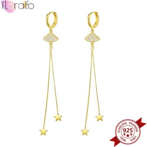 925 Sterling Silver Ear Buckle Star Long Tassel Earrings for Women Shell Shaped Crystal Drop Dangle Hanging Earrings Jewelry