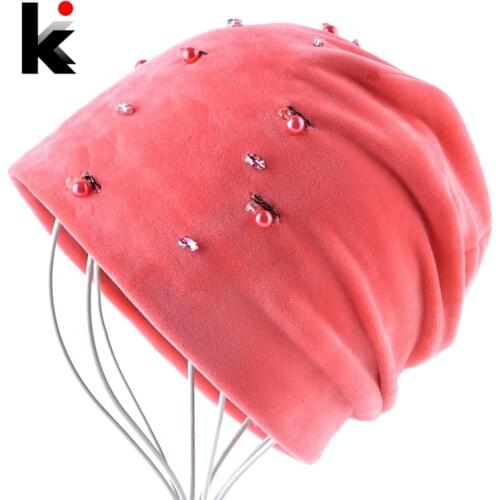 Autumn Winter Hats For Women Cute Rhinestone Pearls Chain Beanies Girls Warm Soft Double Layer Vevet Caps Ladies Skullies Bonnet