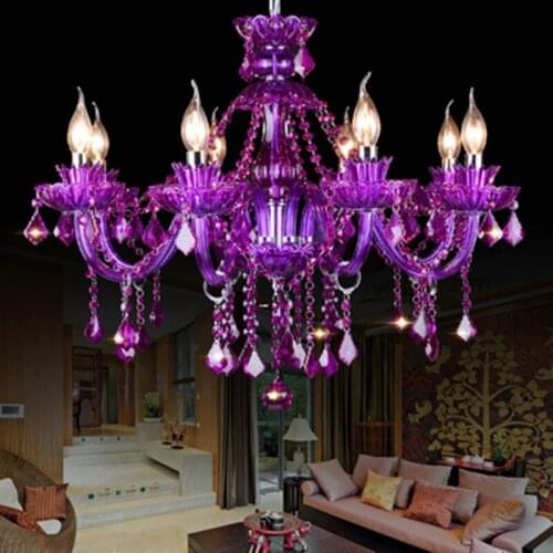 Led e14 European Iron Crystal Glass Purple Chandelier Lighting Lamparas De Techo Suspension Luminaire Lampen For Foyer