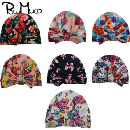 Powmuco 18*17 CM Comfortable Warm Knitting Cotton Toddler Hats Vintage Print Bowknot Infant Caps Bows Headwear Birthday Gifts