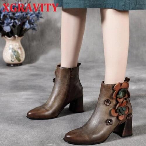 XGRAVITY S030 2020 New Warm Ankle Boots Zipper High Heel Pumps Elegant Flower Woman Boots Chunky High Heels Female Floral Shoes