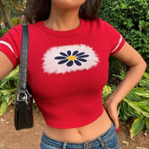 Y2K Aesthetic Graphic T Shirts Women Flower Print Cute Girl Clothes O Neck Short Sleeve Summer Baby Tee 2021