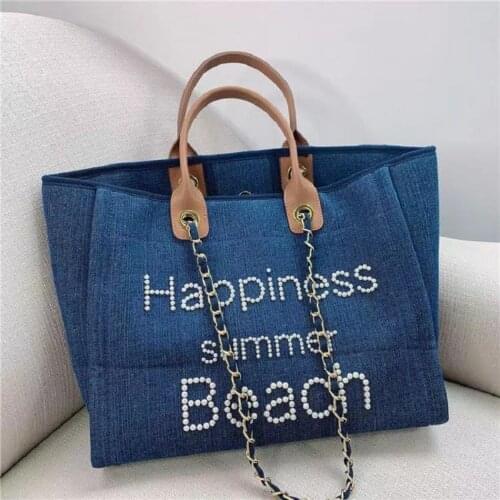 Women Designer Denim Brand Handbag Real Leather Handle Large Capacity Jumbo Chain Pearls Shoulder Bag Canvas Totes Beach Bag