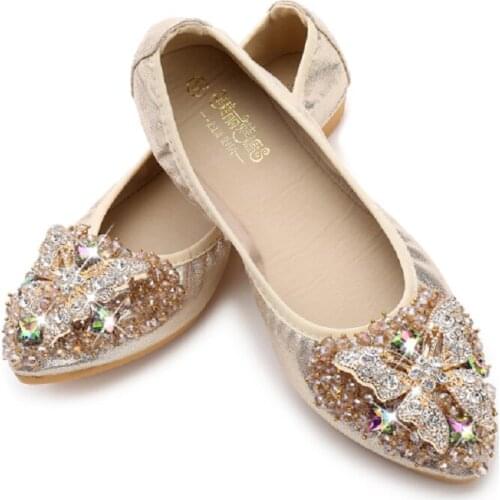 HOT SALE Women Crystal Ballet Flats Size 34-43 2020 Spring Solid Gold Bling Cloth Pointed Toe Slip-On Flat Shoes