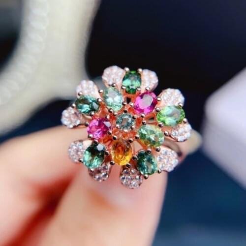 100% Natural Tourmaline Ring 10 Pieces Multicolor Tourmaline 3mm*4mmSilver Ring Fashion 925 Silver Tourmaline Jewelry
