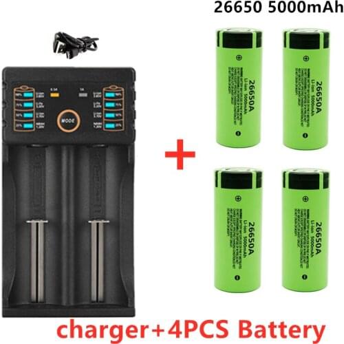 100% New Original high quality 26650 battery 5000mAh 3.7V 50A lithium ion rechargeable battery for 26650A LED flashlight+charger