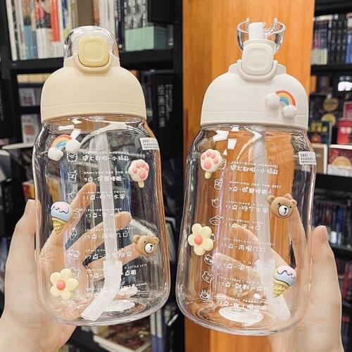 1200ML Cute Straw Water Bottles With 3D Stickers Kawaii Jumbo Bottle With Time Marker Clear Children Drinkware Gym Sports Kettle