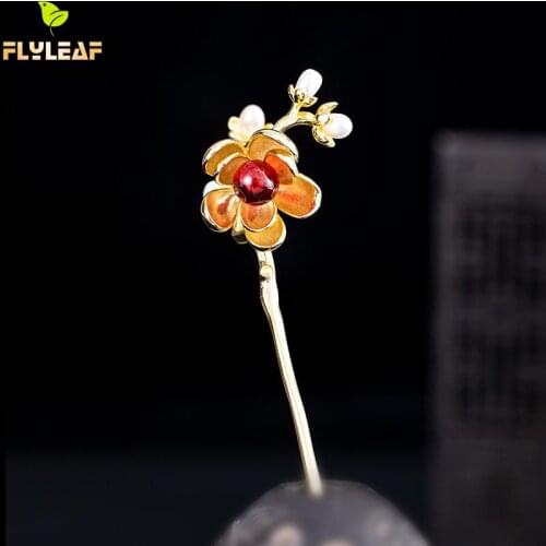 18k Gold Pearl Garnet Flower Hairpin For Women 925 Sterling Silver Luxury Female Hair Sticks Original Handmade Vintage Jewelry