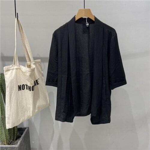 2021 summer Japanese short sleeve cardigan simple pure black micro elastic thin 7 / 6 sleeve sunscreen mens wear