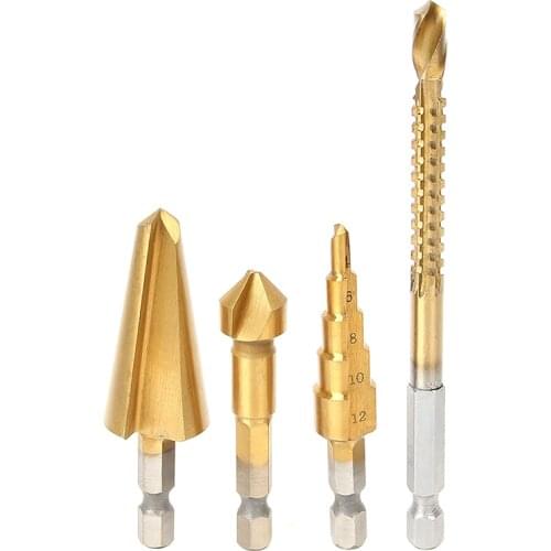 HOEN 4pc HSS Titanium Coated Hex shank Countersink Drill Step Drill Tapered Cone Drill Saw Dill Bit Woodworking Power Tools
