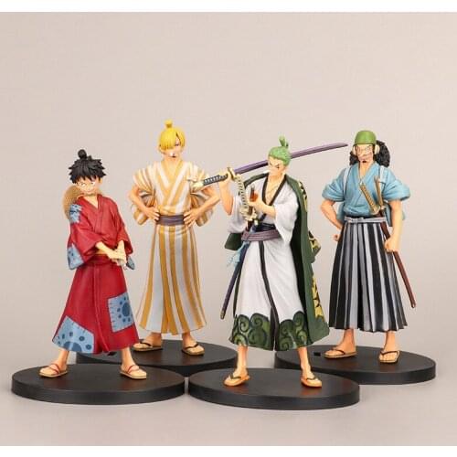 4pcs/ lot One Piece Anime Grandline Men Luffy Roronoa Zoro Vinsmoke Sanji Trafalgar Law Land of Wano Country Action Figure Toys