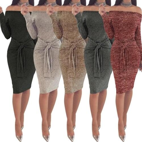 80%HOT Sexy Women Solid Color Off Shoulder Waist Bandage Slim Bodycon Knee-length Dress