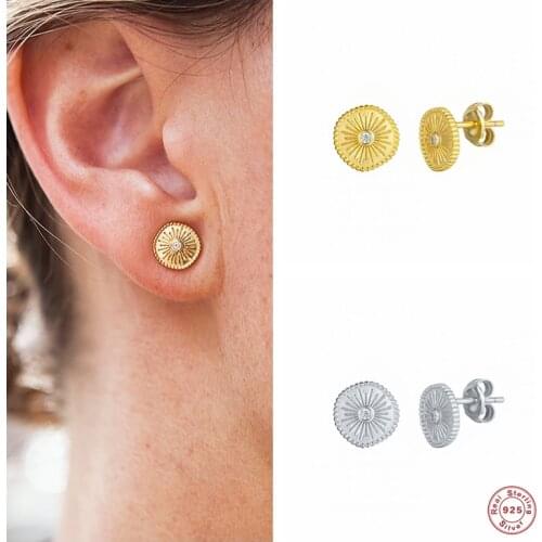 Aide 925 Sterling Silver Elegant Small Round Plate Stud Earrings for Women Clear Cubic Zircon Sunlight Ear Stud Jewelry Gift