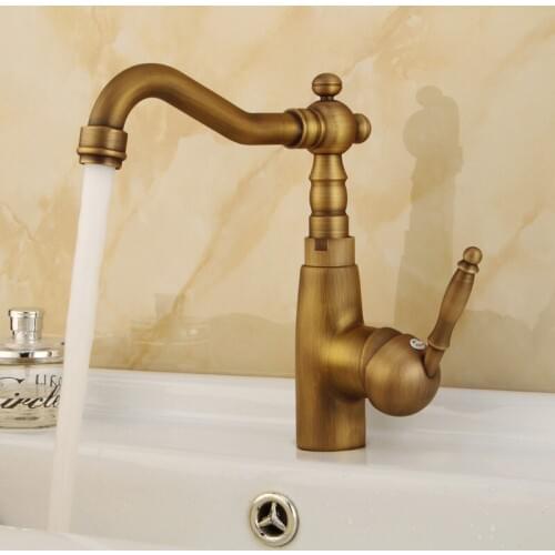 Antique Brass Bathroom Faucet Basin Faucet Single Hole Vanity Vessel Sinks Mixer Tap Cold And Hot Water Tap Deck Mount KD1175