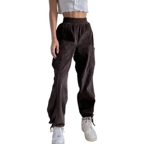 Brown Corduroy Pants Women Elastic Autumn Winter High Waist Waistband Corduroy Pockets Ankle Tied Loose Pants Casual Trousers