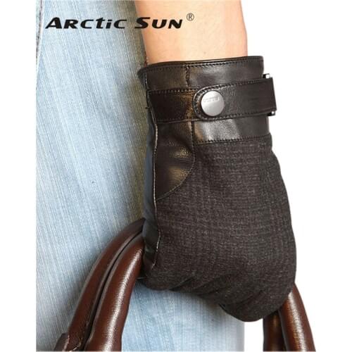 Business Men Genuine Leather Gloves Fashion Black Hand Back Wool Cloth Goatskin Glove Winter Plus Knitted Lined EM014NQF