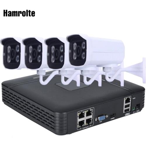 Hamrolte CCTV Camera System 4CH POE NVR Full-HD 1080P Outdoor Waterproof Nightvision 12V POE Camera 4CH POE NVR Kit P2P H.264
