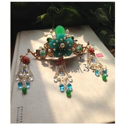 Amazonite Classical Pinchcock Zheng Nong Hair Pin with Gorgeous Tassel Classical Hair Stick Hair Jewelry Hanfu Costume Accessory