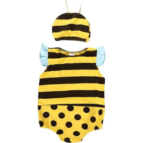 Infant Toddler Boys Girls Little Bee Animal Clothes 2 Pieces Sleeveless Romper with Hat Sets Summer Yellow Striped Climbing Suit