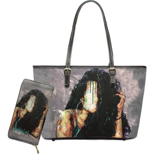 Handbags Set 2Pcs Woman Leather Tote Bag and Wallet Colorful Black Art Girl Shoulder Bag Luxury Female Top-Handle Bags 2021