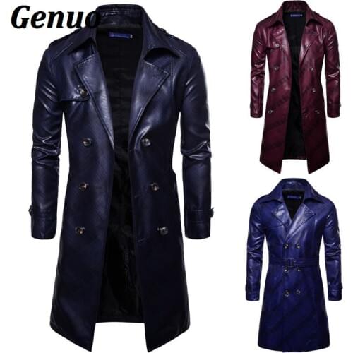 Genuo leather jacket men Coat Windbreaker Autumn Winter faux leather Long Coats Outwear double breasted Slim Overcoat streetwear