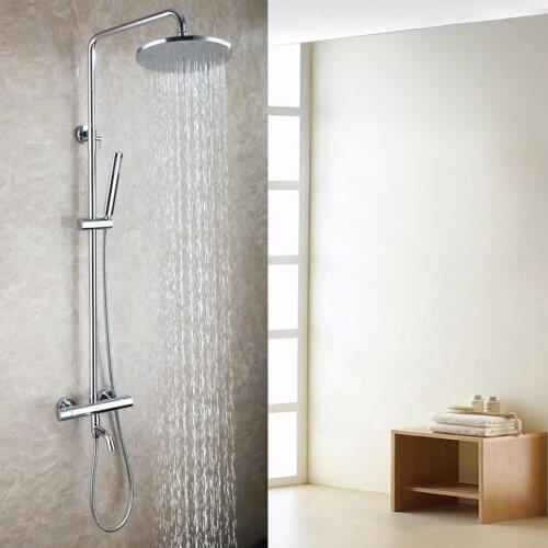 Brass Bath Tub Spout 10 Round Rainfall Shower Head Thermostatic Chrome Brass Exposed Bathroom Shower Faucet Set