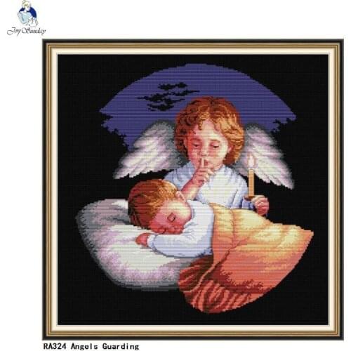 Joy Sunday Needlework, DIY Hand Cross stitch, Angels Guarding Printed on Canvas Cross-Stitch Embroidery kits Home Decor