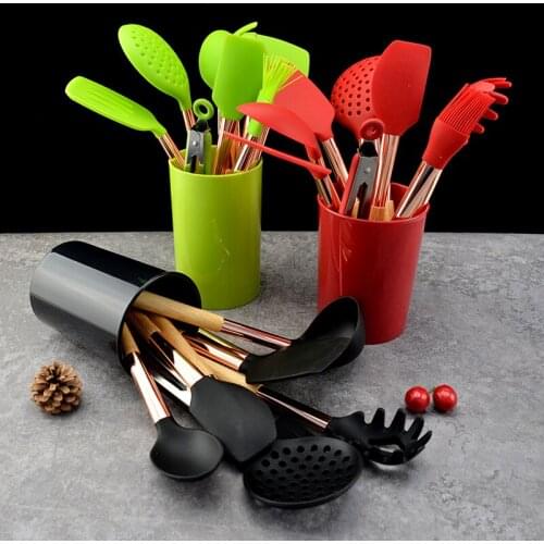 11ps Silicone Cooking Utensils Set Non-Stick Spatula Shovel Wooden Handle Cooking Tools Set with Storage Box Kitchen Accessories