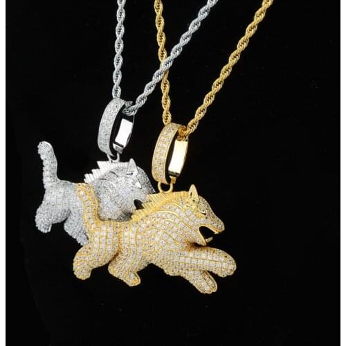Hip Hop Micro Paved AAA Cubic Zirconia Bling Iced Out Little wolf Animal Pendants Necklace for Men Rapper Jewelry