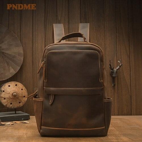 Simple retro high quality natural crazy horse cowhide mens backpack casual daily travel bookbag genuine leather laptop bagpack