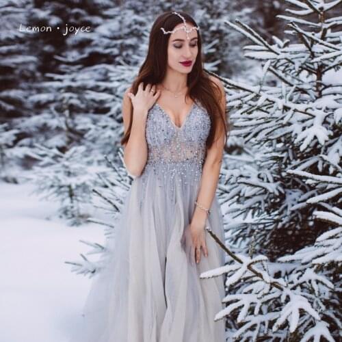 Elegant Prom Dresses 2020 Sexy V-neck High Slit A-Line Beading Illusion Formal Evening Gowns Plus Size vestidos de gola