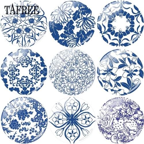 TAFREE Retro Style Blue And White Porcelain DIY Beads 12mm 18mm 20mm Glass Cabochon Dome Cameo Pendant Settings Accessories