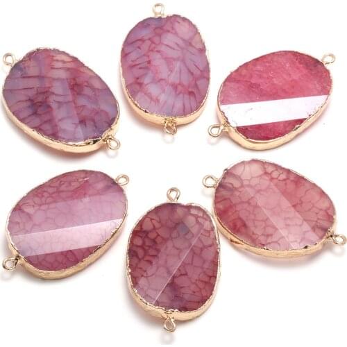 Natural Section Agates Pendant Connectors Egg Shape Gold Plated Double Hole Connectors for DIY Jewelry Making