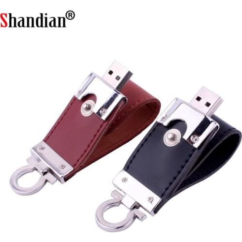 SHANDIAN USB flash drive 64gb Leather metal keyring Pendrive creativo 32gb 16gb 8gb 4gb usb2.0 Wrist band