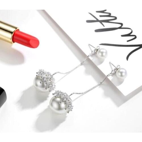 925 Sterling Silver Gorgeous Pearl Tassel Drop Earrings Long Ear Line Zircon Wedding Earring Jewelry For Bride S-E453
