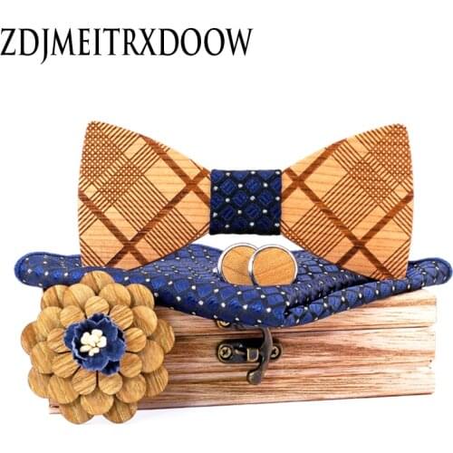 ZDJMEITRXDOOW MENS GRAID WOODEN BOW TIE WHITE CUFFLINKS BROOCH POCKET SQUARE SET Geometric strips WOOD TIES DORP SHIPPING