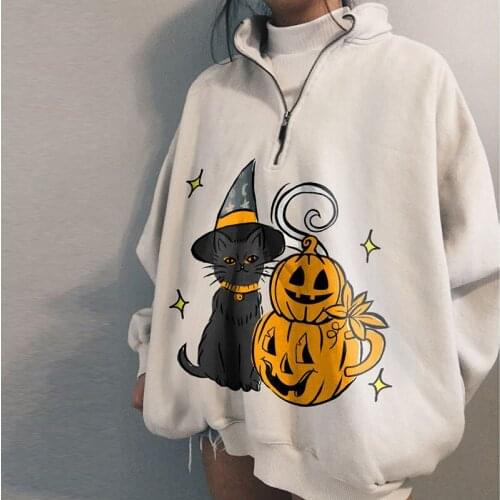 Womens Sweatshirt Halloween Casual Hoodies,2021 Autumn Fashion Adults Pumpkin and Cat Print Long Sleeve Lapel Zipper Sweatshirt