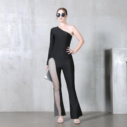 2021 Summer Rompers Playsuits Women Single Shoulder Long Sleeve Bodysuit Diamonds Crystal Mesh Wide Leg Pants Bandage Jumpsuits