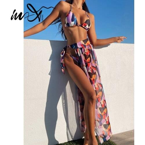 In-X Sexy bikini 2021 Triangle swimsuit women String halter swimwear female Skirts 3 pieces set Color block bathing suit summer