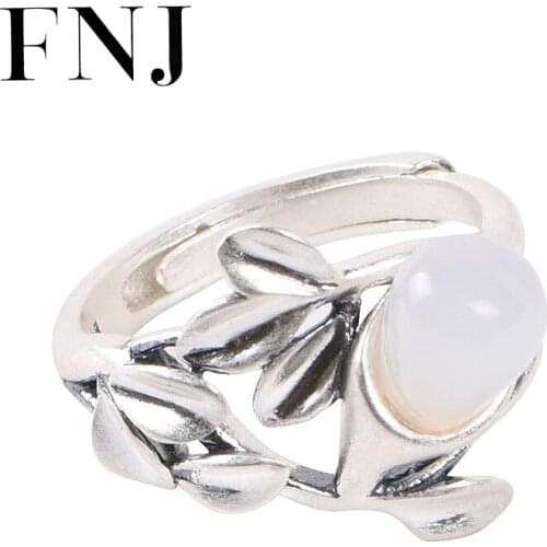 FNJ Natural Agate Leaf Ring 925 Silver New Original S925 Sterling Silver Rings for Women Jewelry Adjustable size