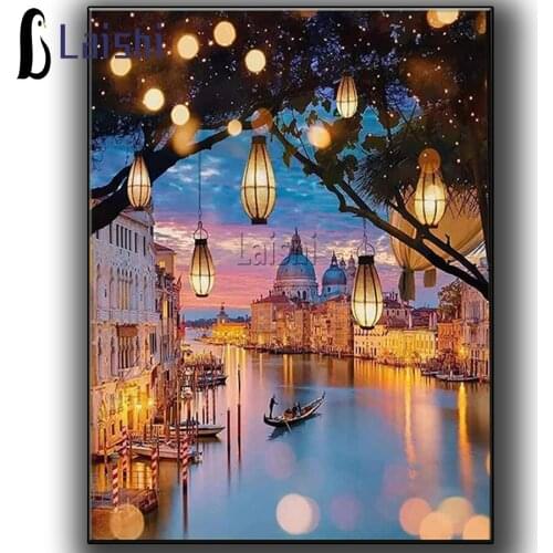 5D Full Round Drill Jiangnan scenery Mosaic Craft Picture DIY Town River Diamond Painting Rhinestone Poster Home Wall Decor Gift